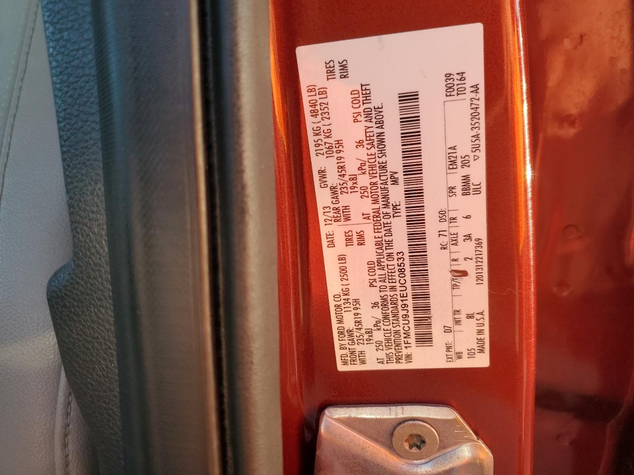2014 Ford Escape VIN 1FMCU9J91EUC08533 Copart auction photo, all over damage thumbnail 12