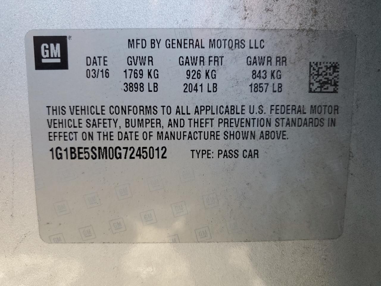 2016 Chevrolet Cruze VIN 1G1BE5SM0G7245012 Copart auction photo, rear end damage thumbnail 12