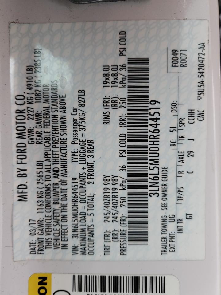 2017 Lincoln MKZ VIN 3LN6L5MU0HR644519 Copart auction photo, side / front end damage thumbnail 12
