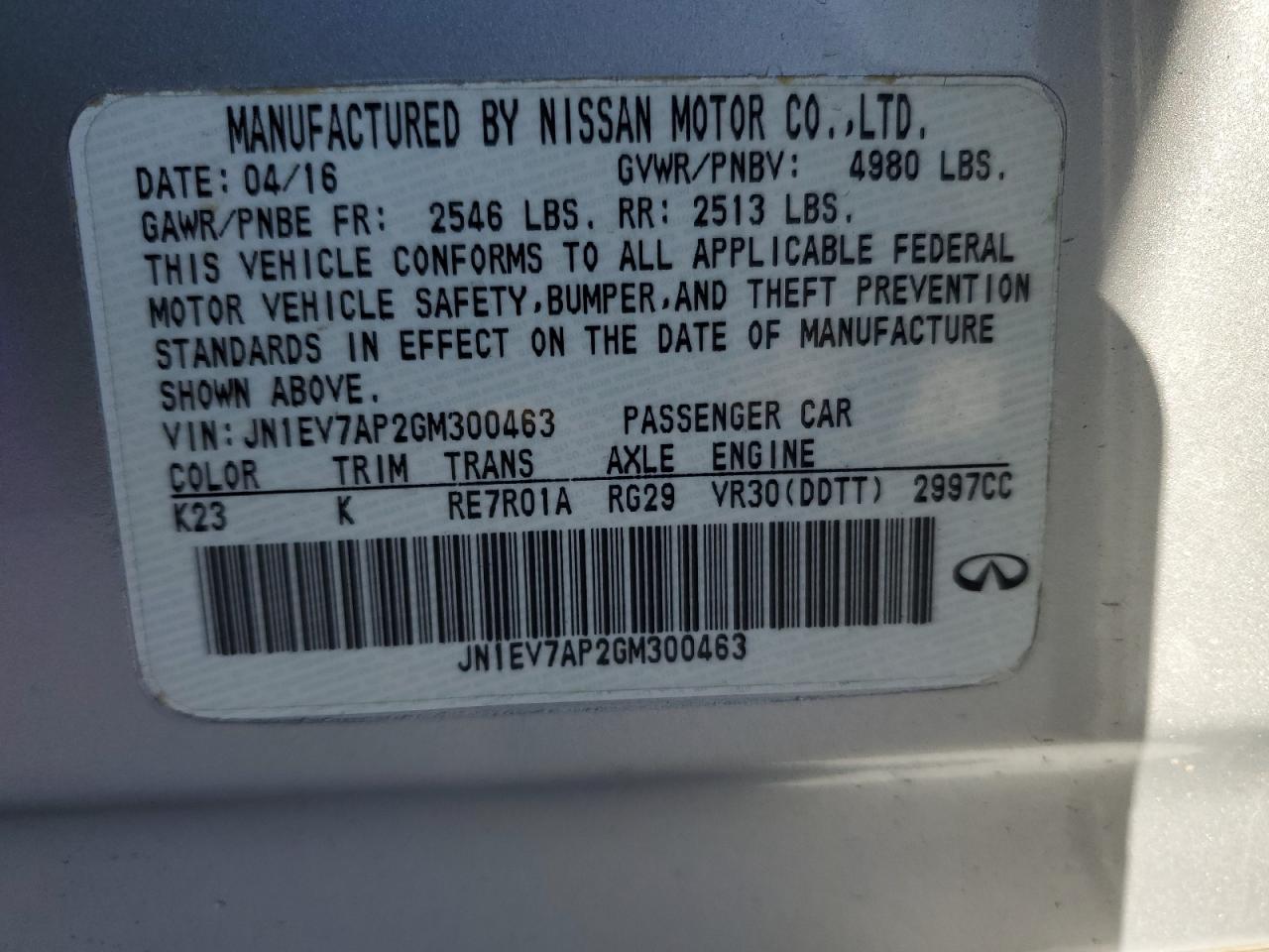2016 Infiniti Q50 VIN JN1EV7AP2GM300463 Copart auction photo, all over damage thumbnail 12