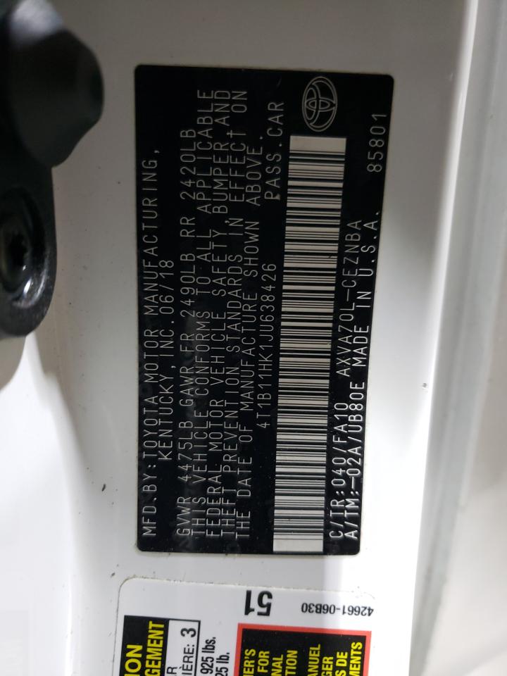 2018 Toyota Camry VIN 4T1B11HK1JU638426 Copart auction photo, front end / side damage thumbnail 12