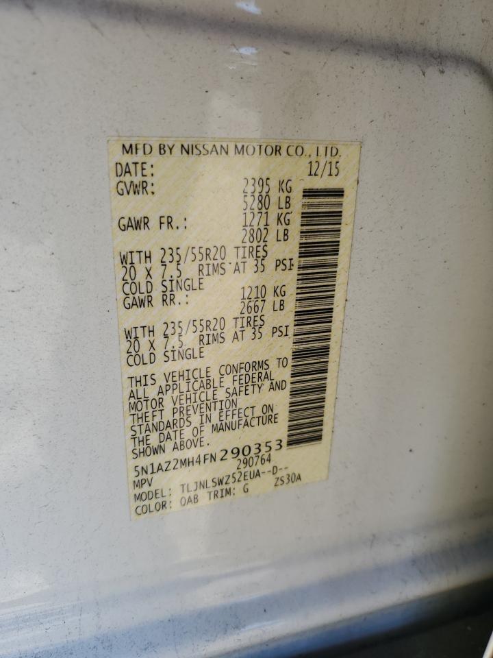2015 Nissan Murano VIN 5N1AZ2MH4FN290353 Copart auction photo, rear end / minor dent/scratches damage thumbnail 13