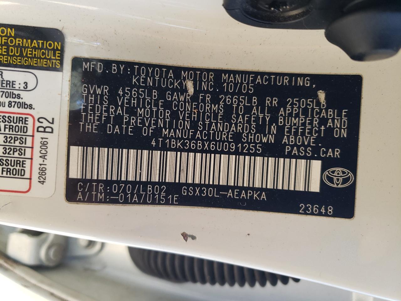 2006 Toyota Avalon VIN 4T1BK36BX6U091255 Copart auction photo, front end / side damage thumbnail 12
