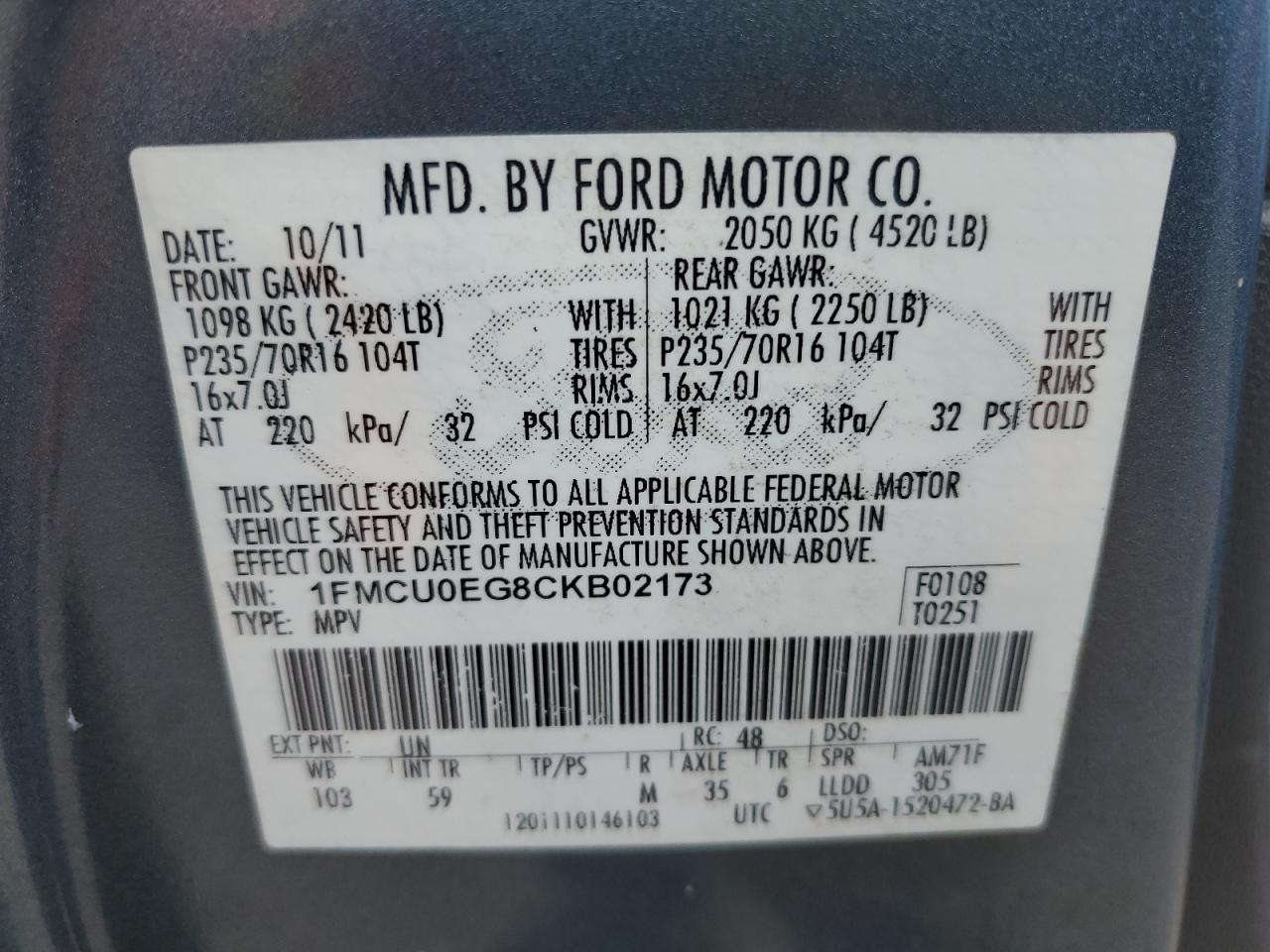 2012 Ford Escape VIN 1FMCU0EG8CKB02173 Copart auction photo, water/flood damage thumbnail 14