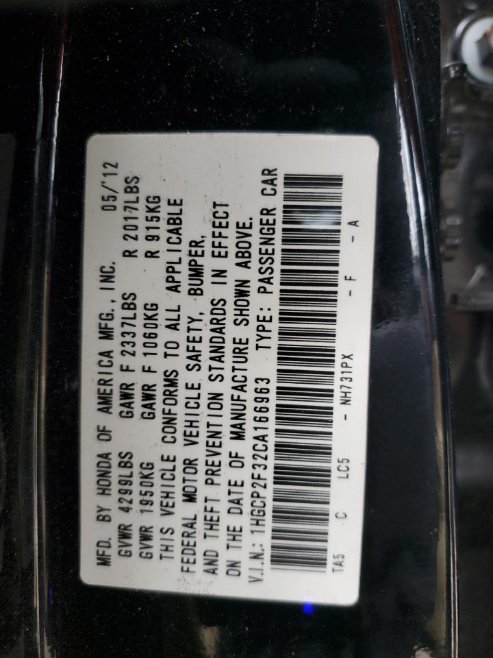 2012 Honda Accord VIN 1HGCP2F32CA166963 Copart auction photo, side / front end damage thumbnail 14