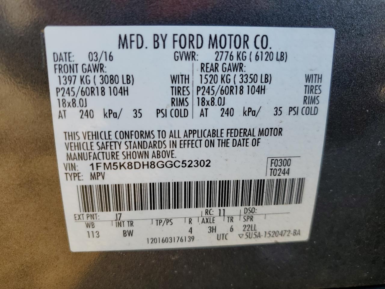 2016 Ford Explorer VIN 1FM5K8DH8GGC52302 Copart auction photo, front end / minor dent/scratches damage thumbnail 16