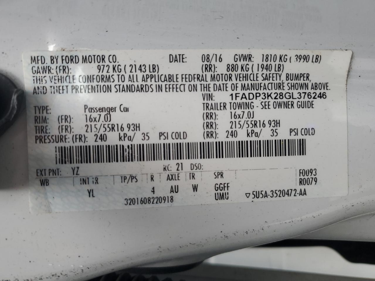2016 Ford Focus VIN 1FADP3K28GL376246 Copart auction photo, rear end / minor dent/scratches damage thumbnail 13