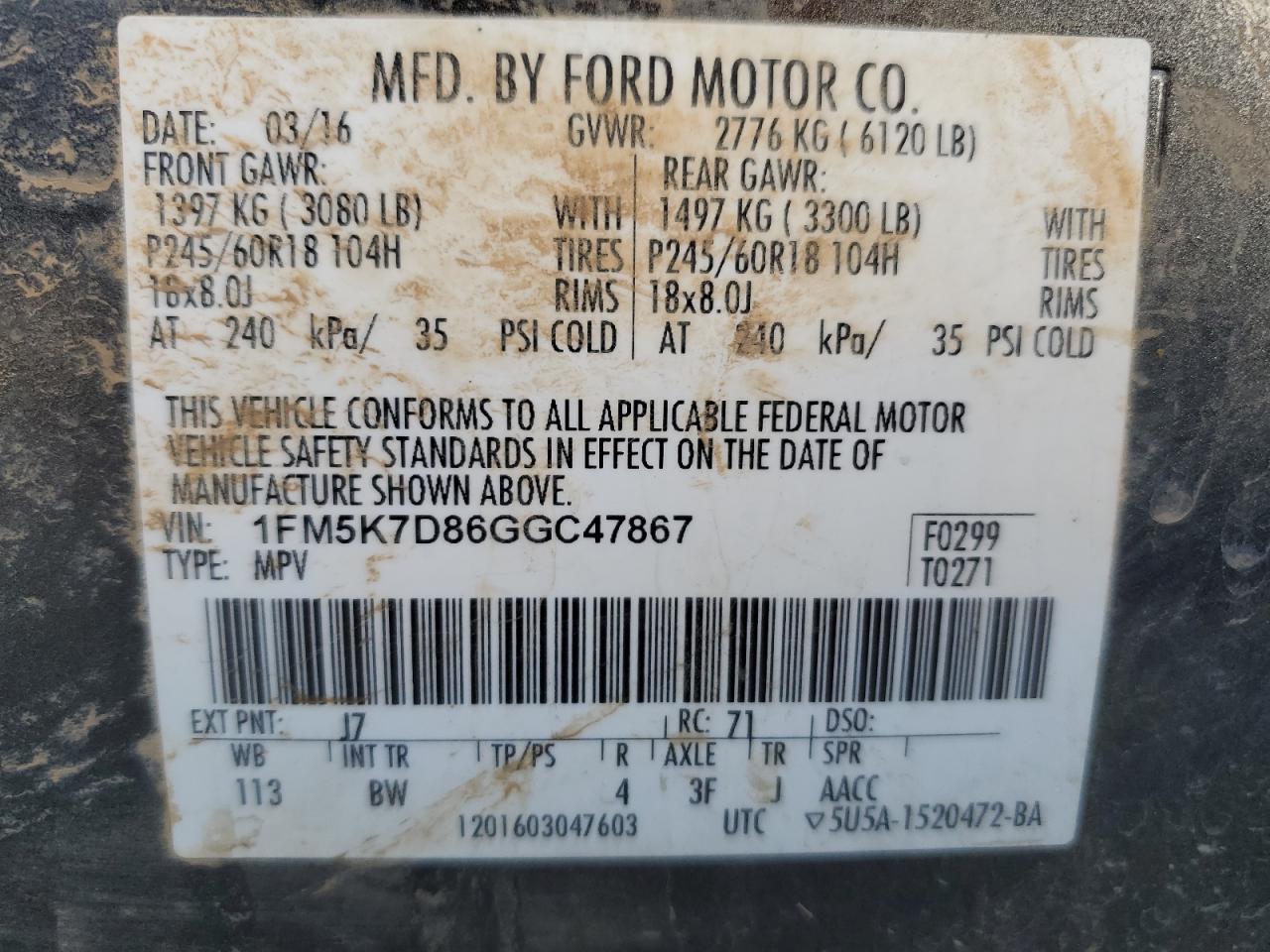2016 Ford Explorer VIN 1FM5K7D86GGC47867 Copart auction photo, front end damage thumbnail 13