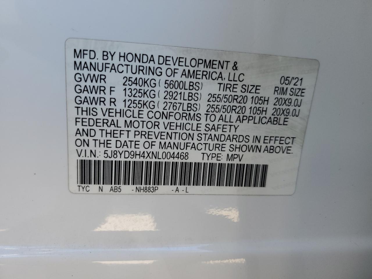 2022 Acura MDX VIN 5J8YD9H4XNL004468 Copart auction photo, front end damage thumbnail 15