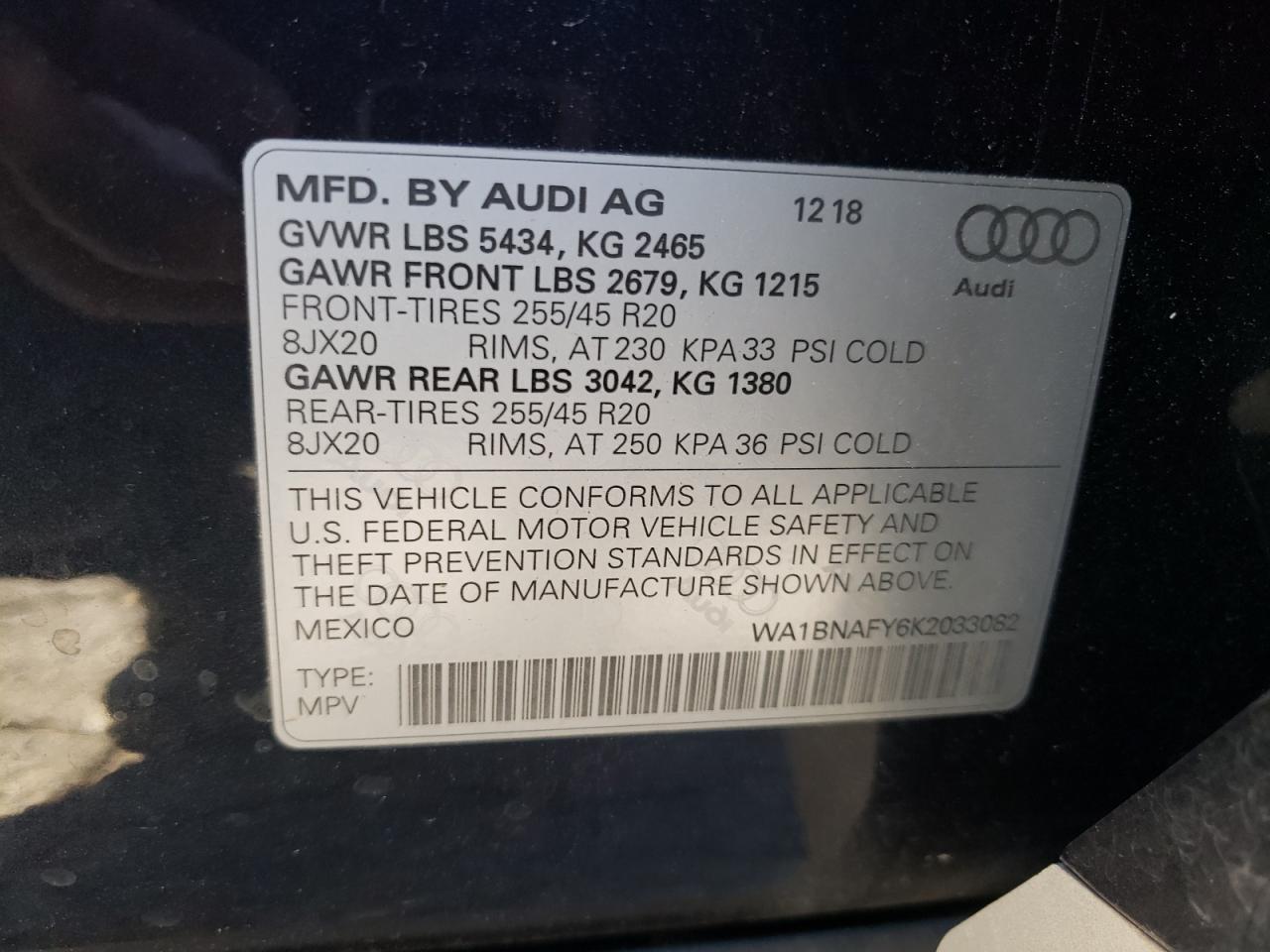 2019 Audi Q5 VIN WA1BNAFY6K2033082 Copart auction photo, rear end damage thumbnail 14