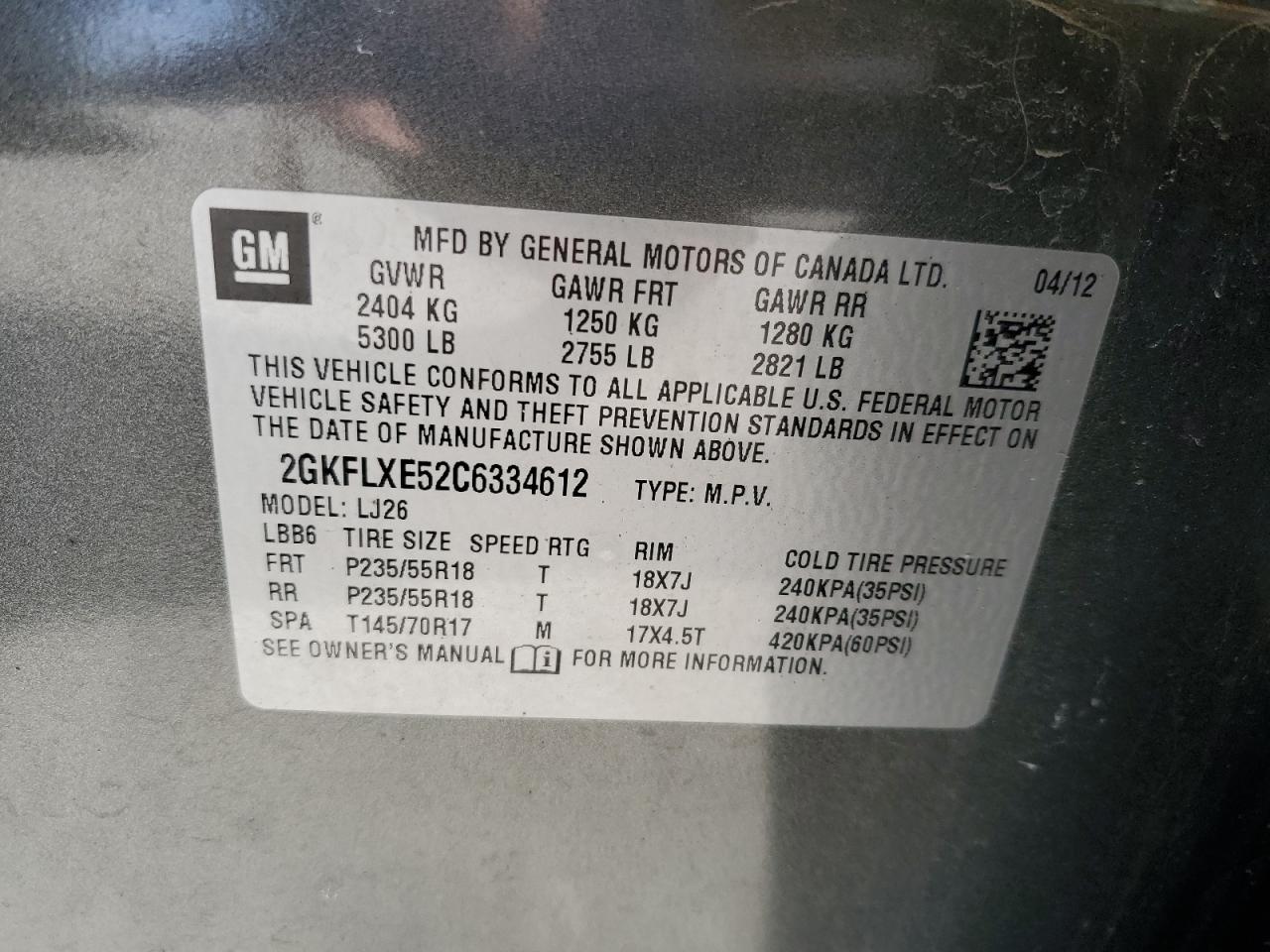 2012 GMC Terrain VIN 2GKFLXE52C6334612 Copart auction photo, side / front end damage thumbnail 15