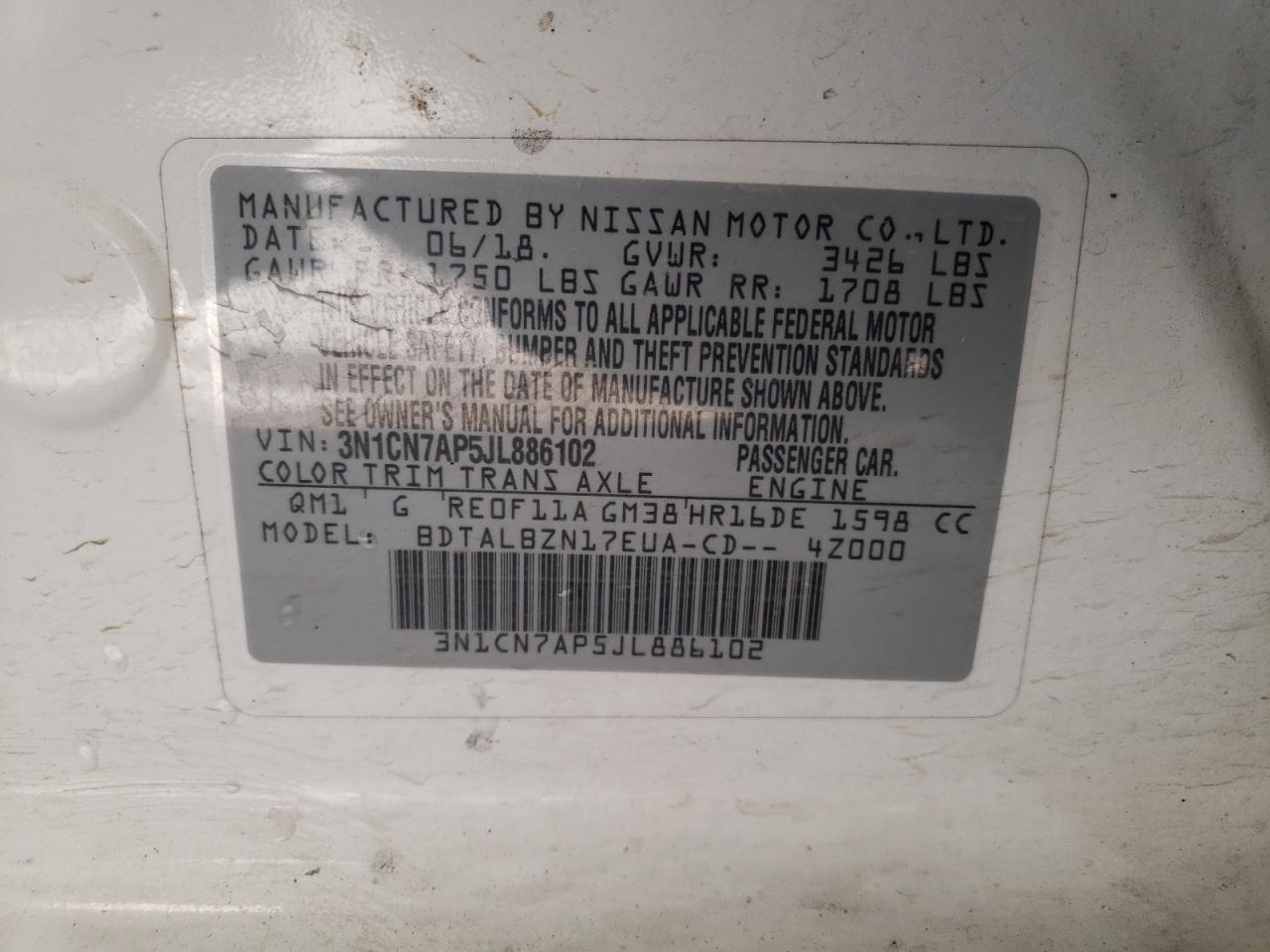 2018 Nissan Versa VIN 3N1CN7AP5JL886102 Copart auction photo, front end / rear end damage thumbnail 12