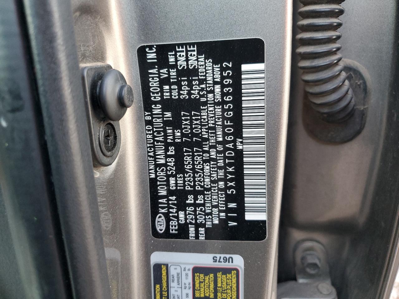 2015 KIA Sorento VIN 5XYKTDA60FG563952 Copart auction photo, side / rear end damage thumbnail 15