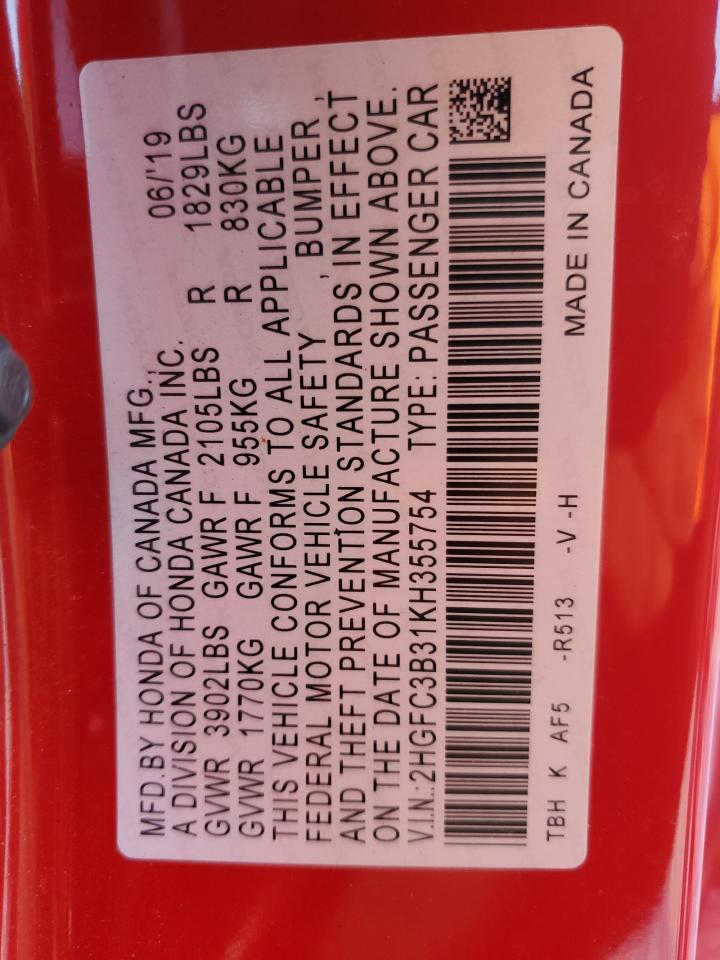 2019 Honda Civic VIN 2HGFC3B31KH355754 Copart auction photo, front end / mechanical damage thumbnail 14