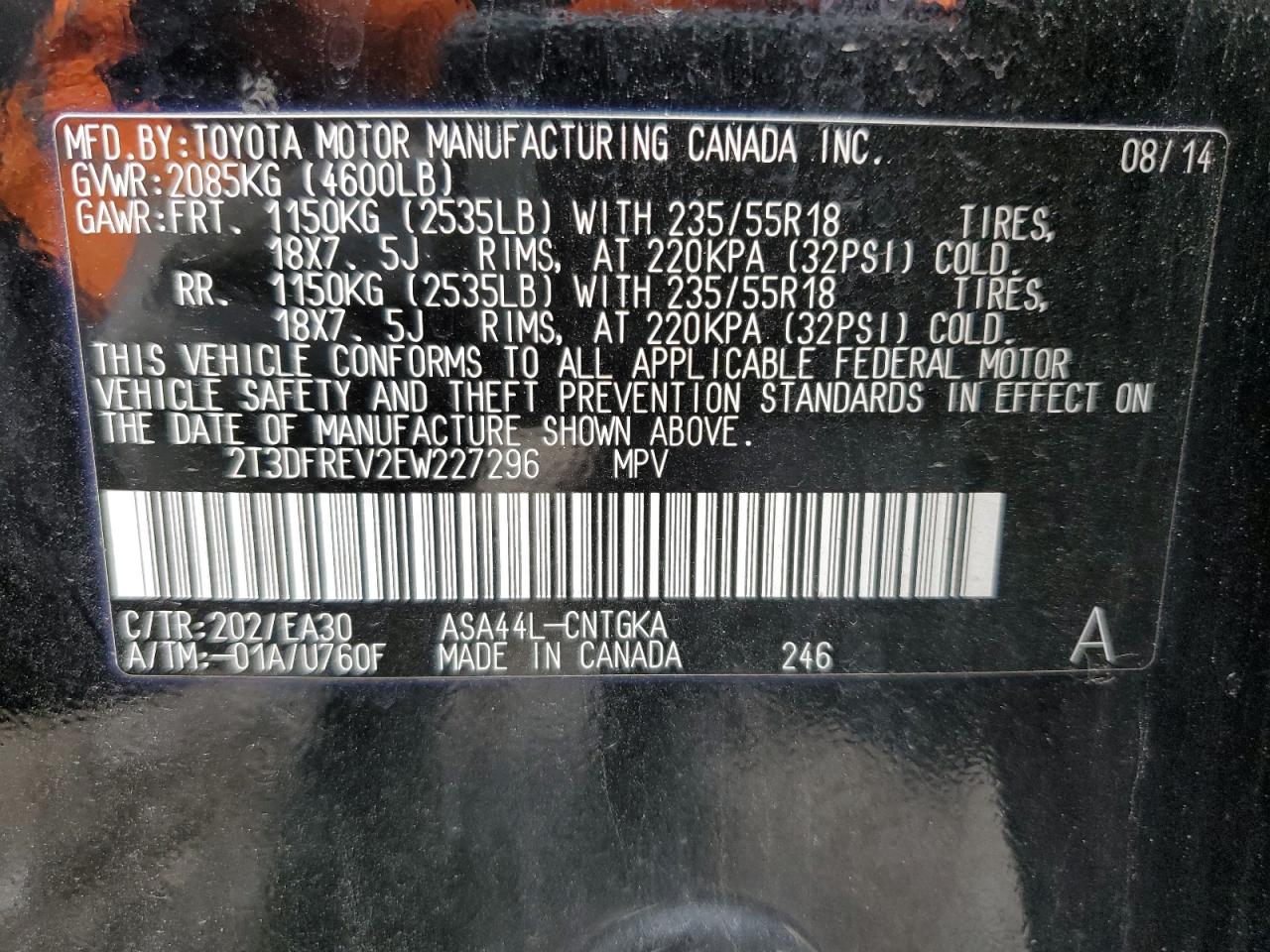 2014 Toyota RAV 4 VIN 2T3DFREV2EW227296 Copart auction photo, frame damage damage thumbnail 13