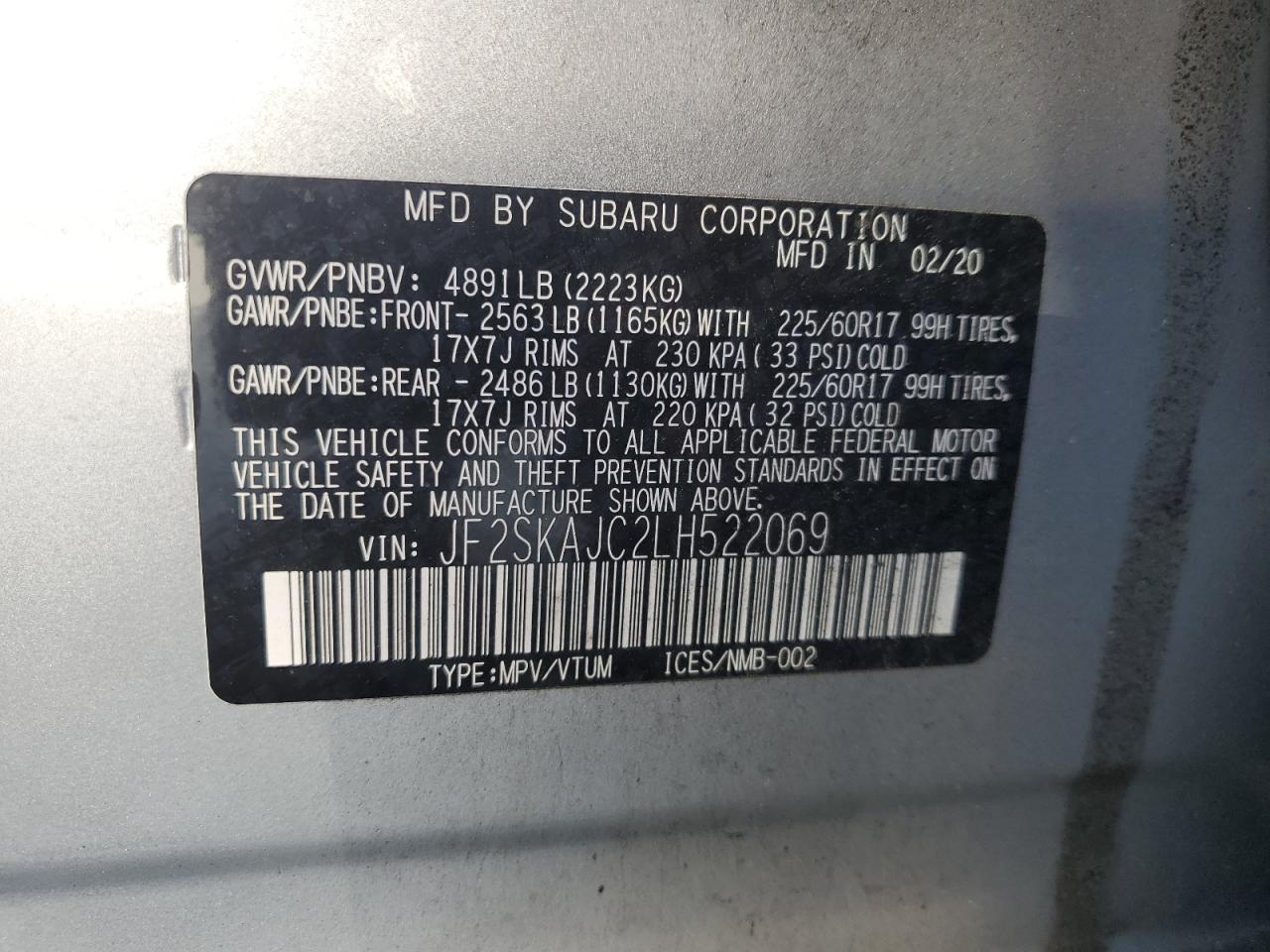 2020 Subaru Forester VIN JF2SKAJC2LH522069 Copart auction photo, front end / side damage thumbnail 15