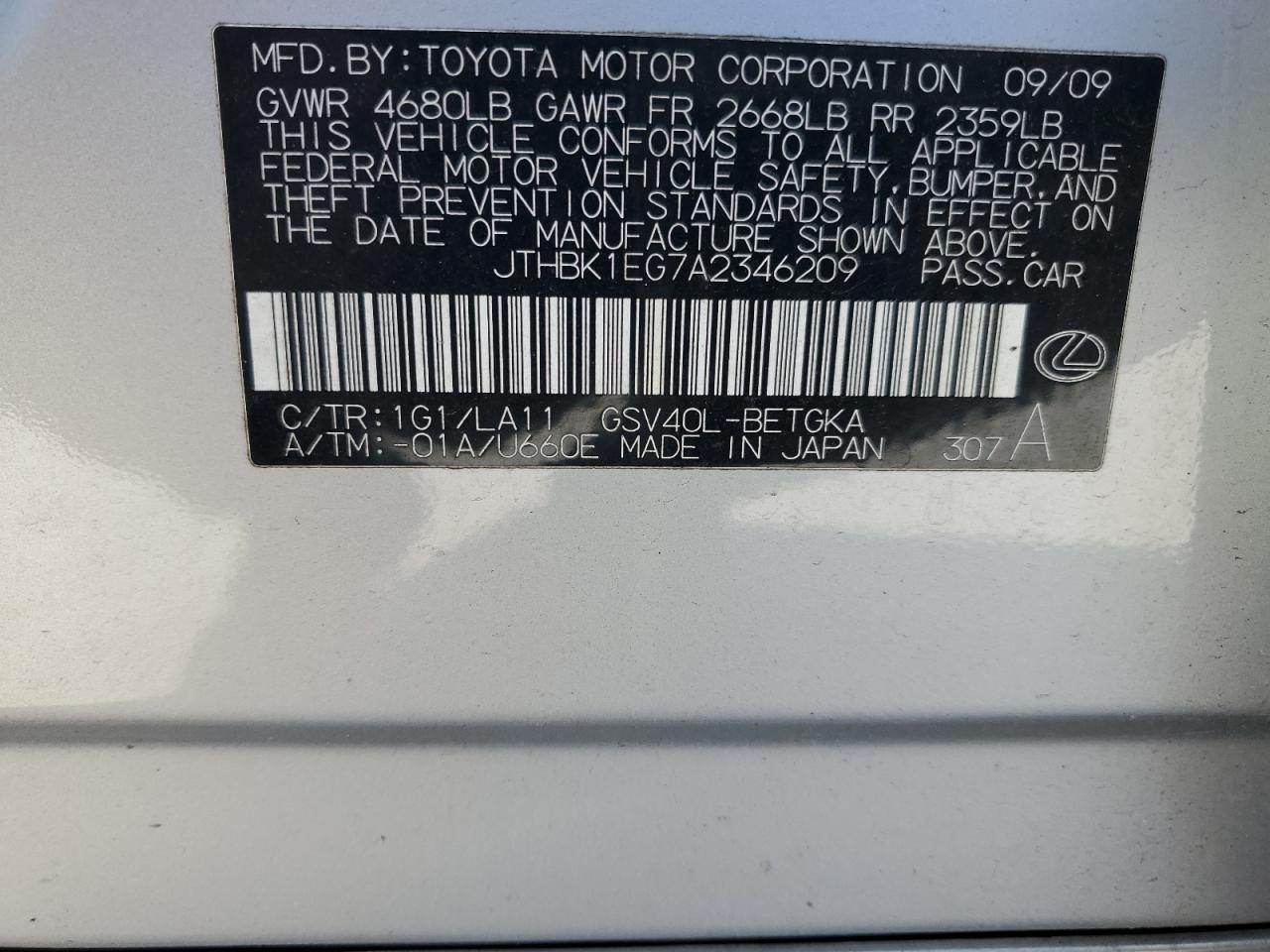 2010 Lexus ES VIN JTHBK1EG7A2346209 Copart auction photo, rear end damage thumbnail 12