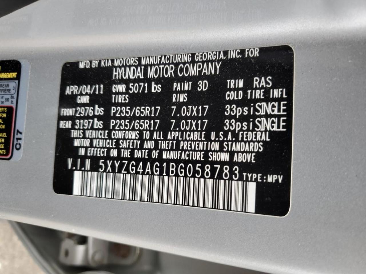 2011 Hyundai Santa Fe VIN 5XYZG4AG1BG058783 Copart auction photo, rear end damage thumbnail 13