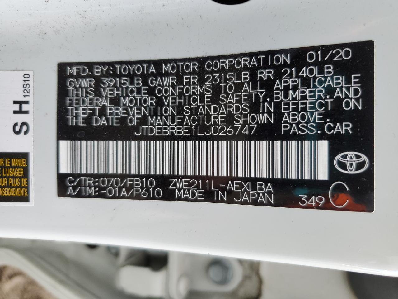 2020 Toyota Corolla VIN JTDEBRBE1LJ026747 Copart auction photo, front end damage thumbnail 14