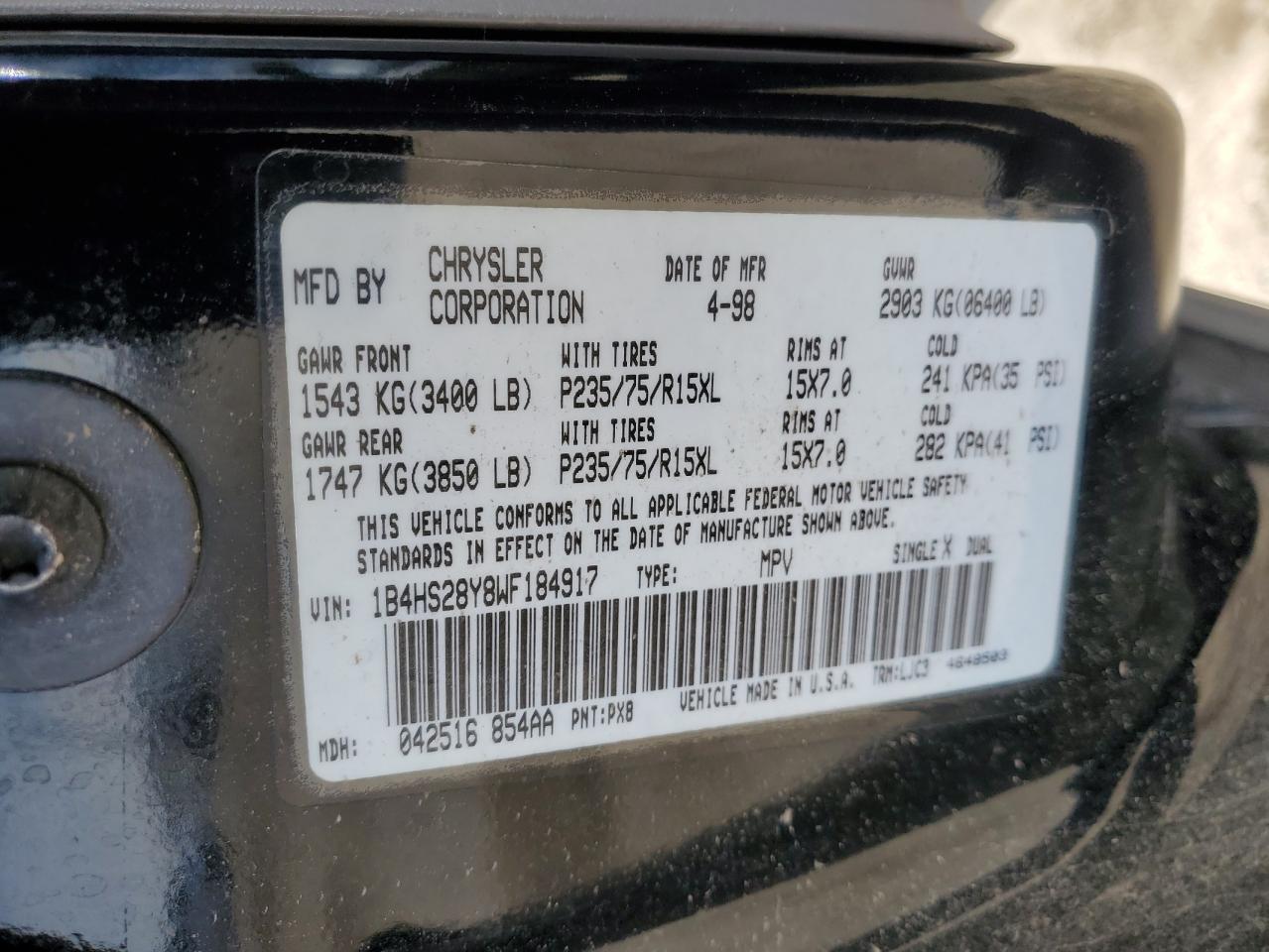 1998 Dodge Durango VIN 1B4HS28Y8WF184917 Copart auction photo, front end damage thumbnail 13