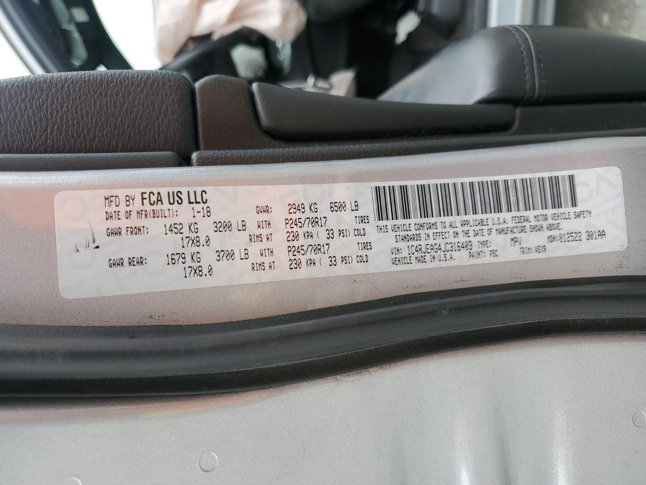 2018 Jeep Grand Cherokee VIN 1C4RJEAG4JC316403 Copart auction photo, front end / side damage thumbnail 13