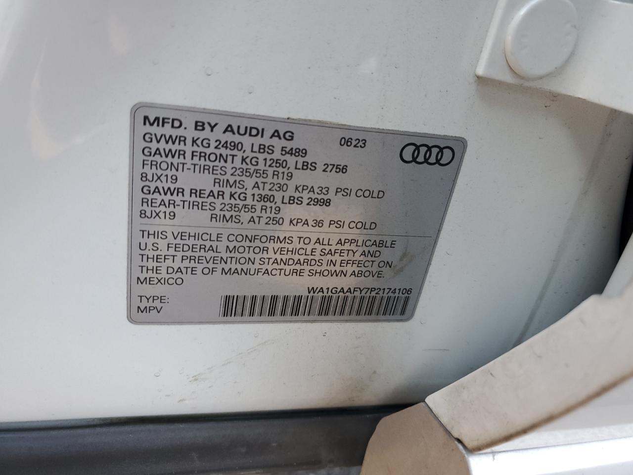 2023 Audi Q5 VIN WA1GAAFY7P2174106 Copart auction photo, top/roof damage thumbnail 13