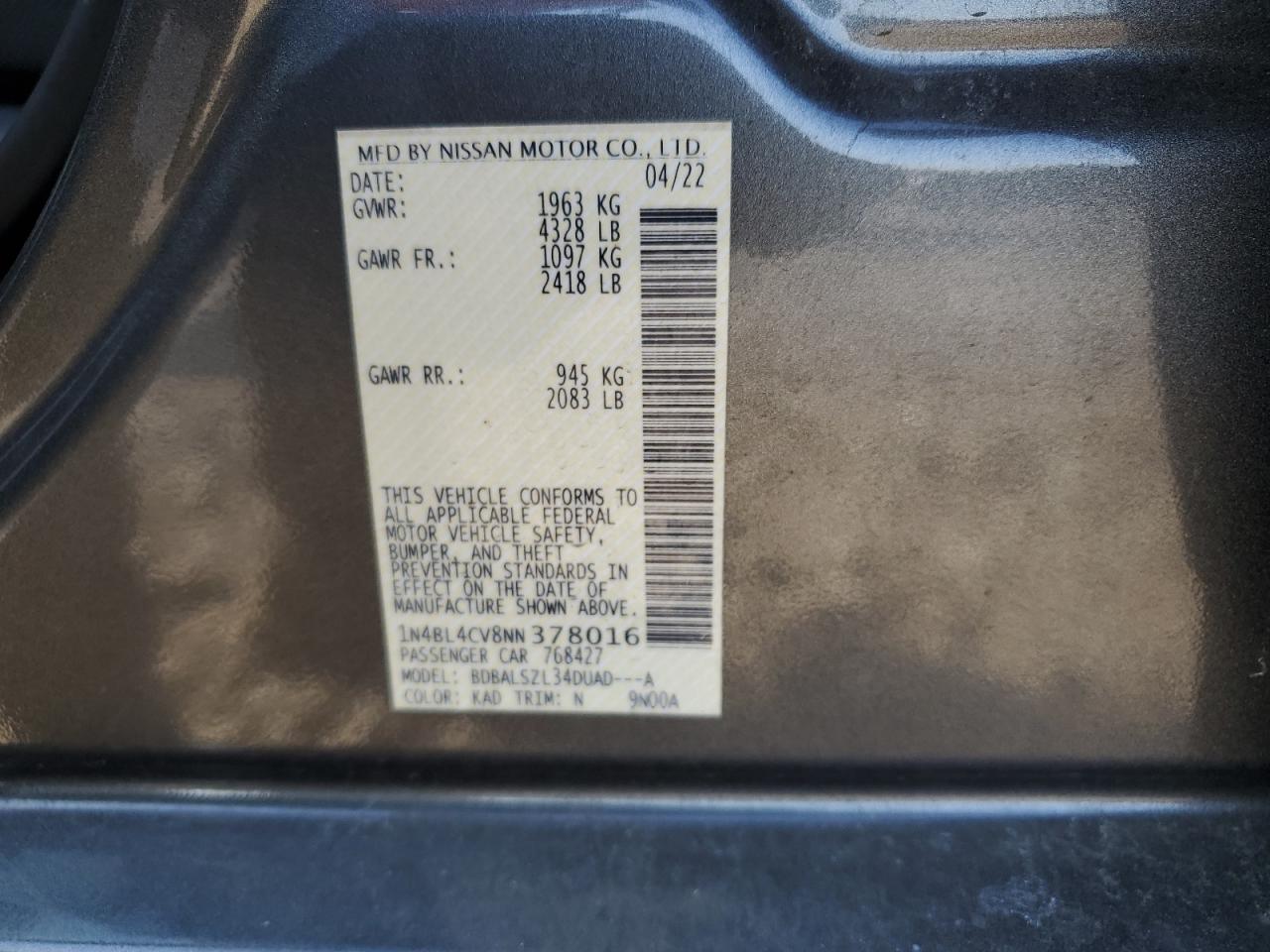 2022 Nissan Altima VIN 1N4BL4CV8NN378016 Copart auction photo, front end damage thumbnail 14