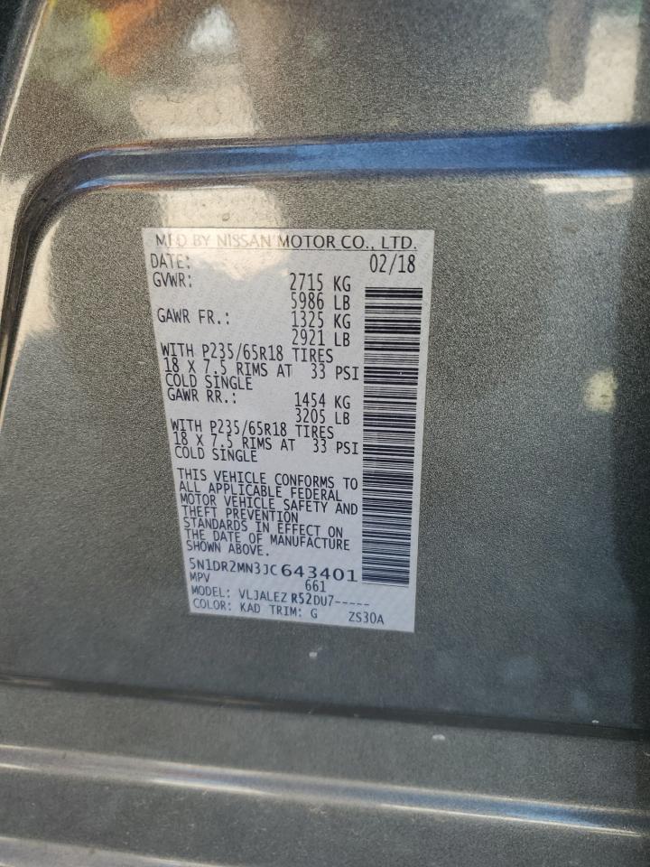 2018 Nissan Pathfinder VIN 5N1DR2MN3JC643401 Copart auction photo, front end damage thumbnail 15