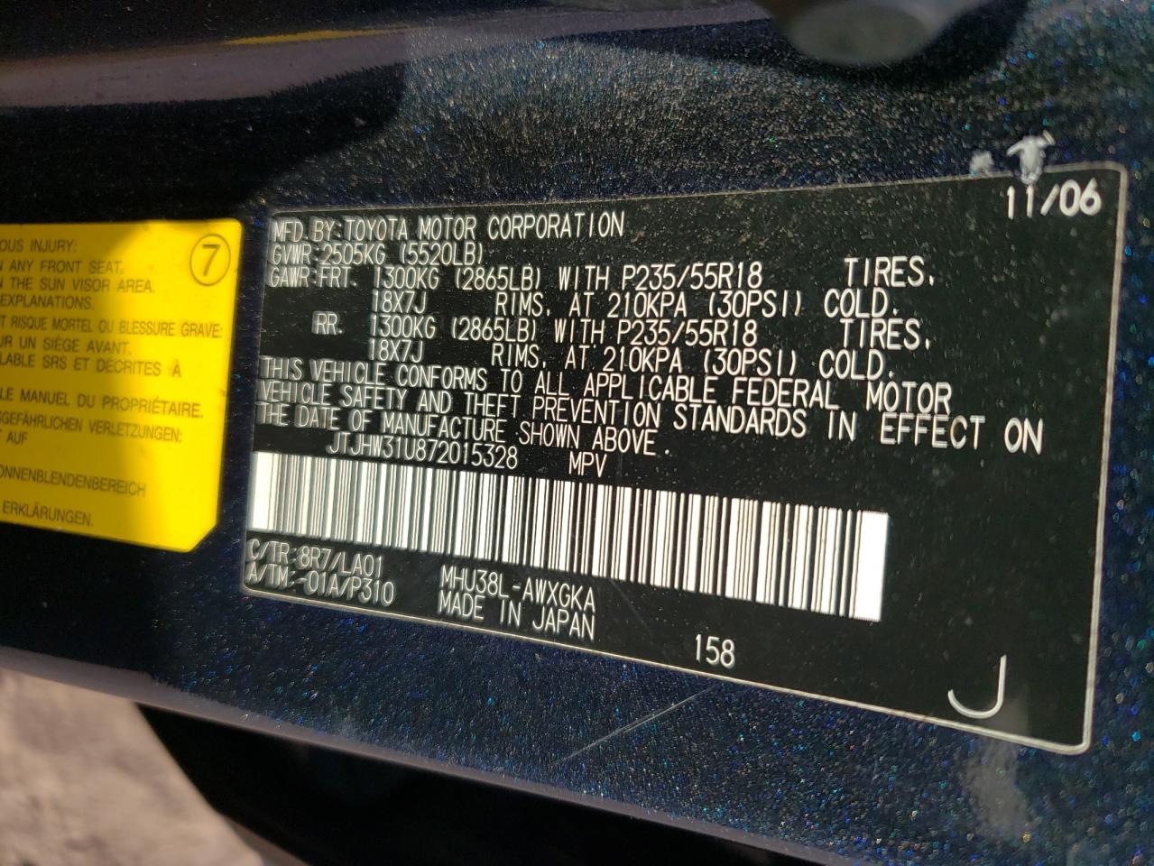 2007 Lexus RX VIN JTJHW31U872015328 Copart auction photo, side damage thumbnail 13