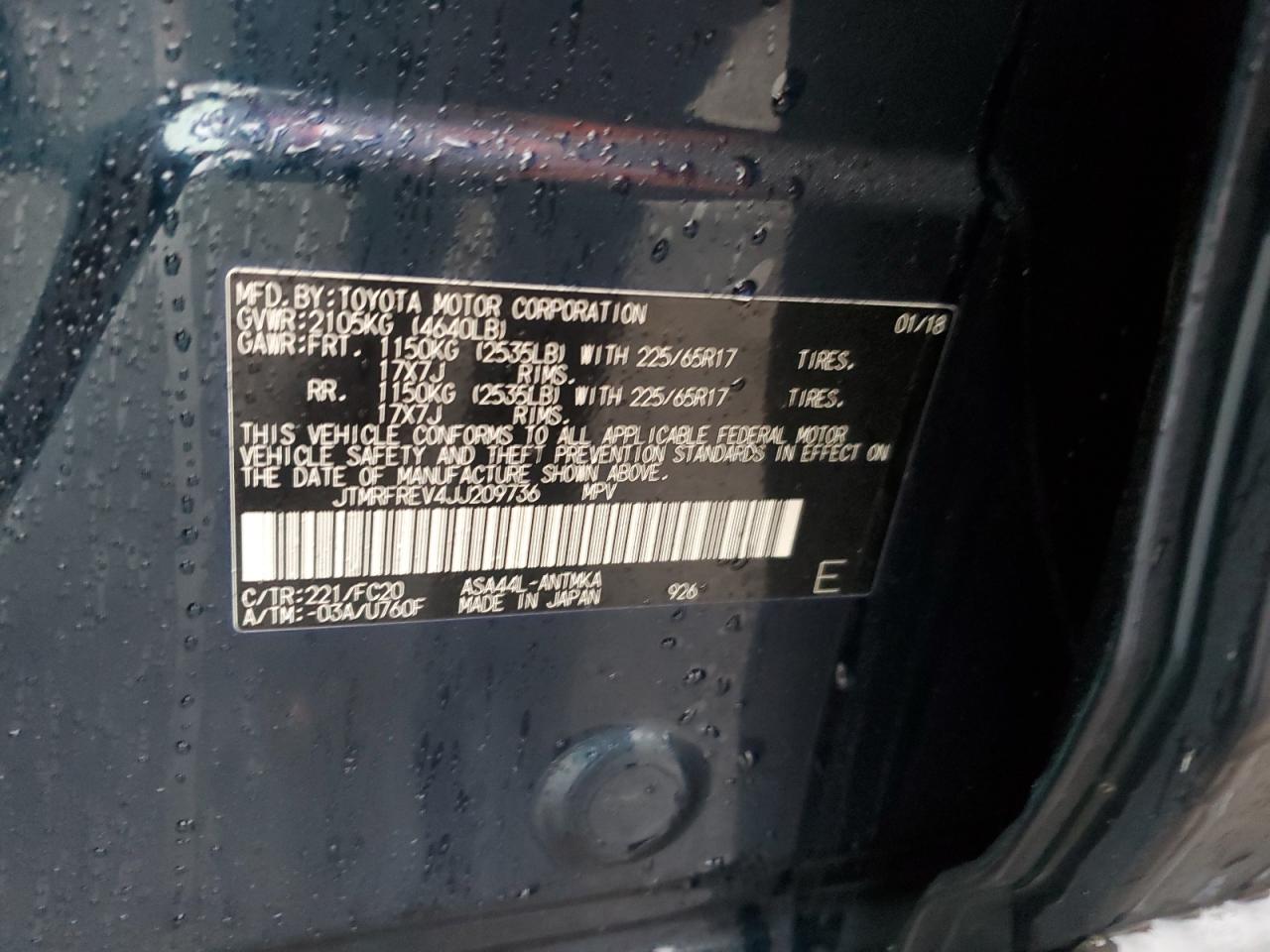 2018 Toyota RAV 4 VIN JTMRFREV4JJ209736 Copart auction photo, partial repair / rear end damage thumbnail 14