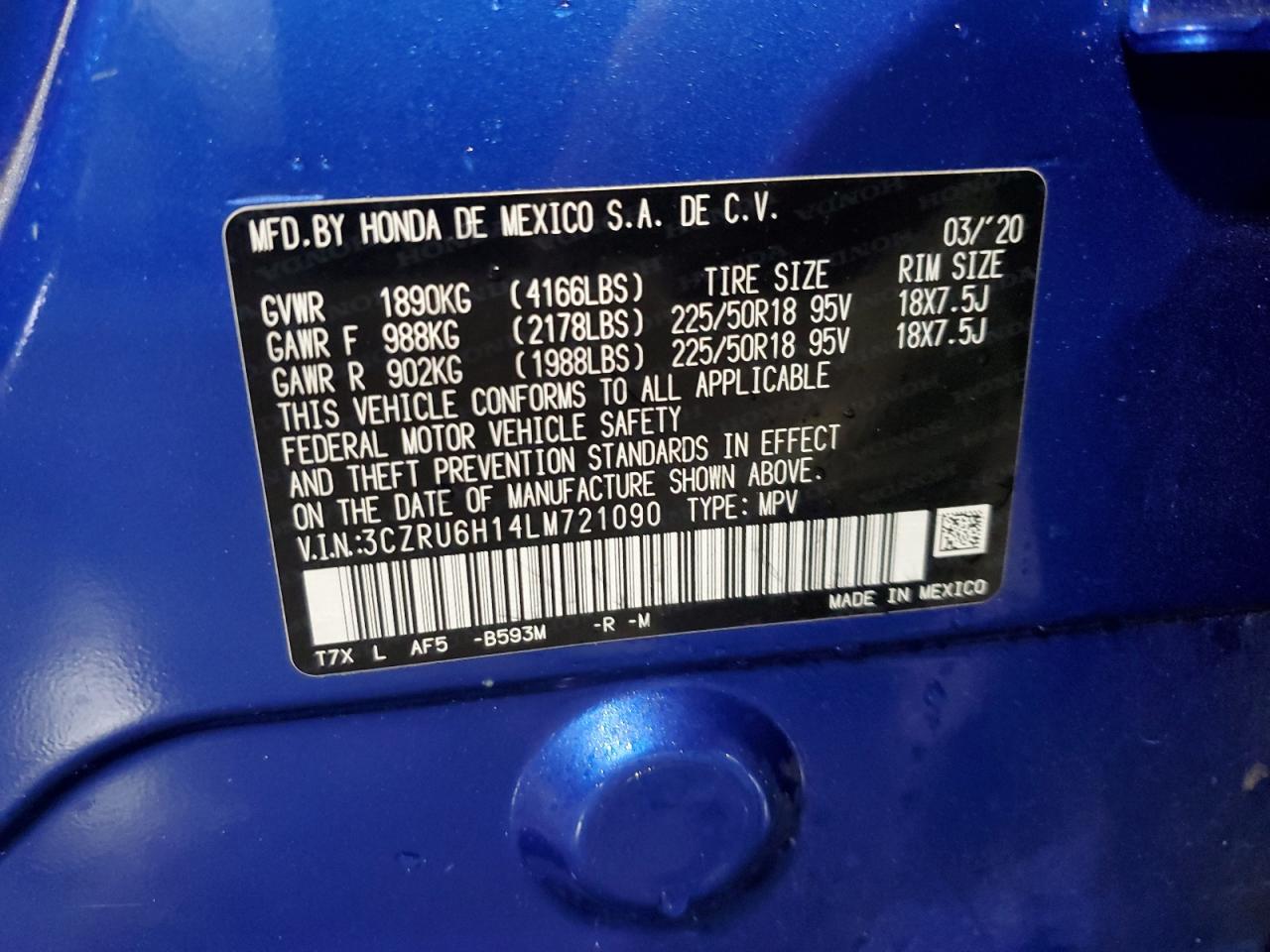 2020 Honda HR-V VIN 3CZRU6H14LM721090 Copart auction photo, front end damage thumbnail 15