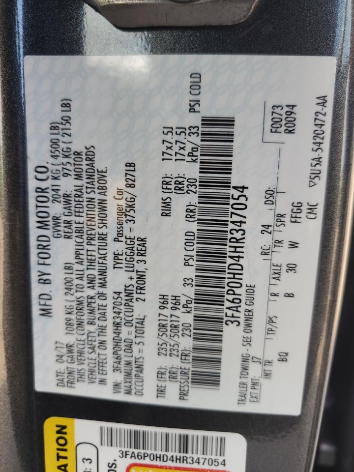 2017 Ford Fusion VIN 3FA6P0HD4HR347054 Copart auction photo, mechanical / minor dent/scratches damage thumbnail 12