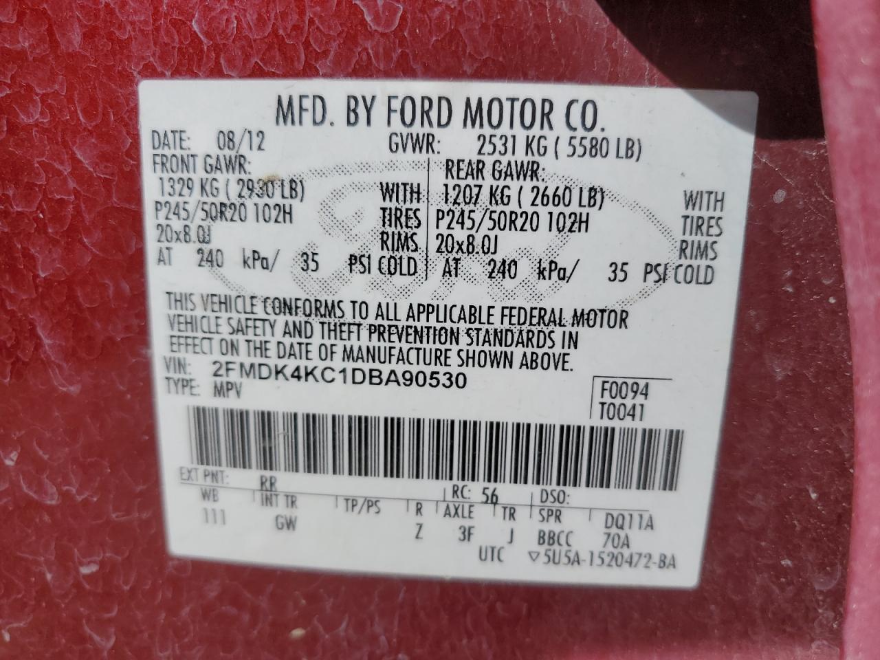 2013 Ford Edge VIN 2FMDK4KC1DBA90530 Copart auction photo, all over damage thumbnail 13