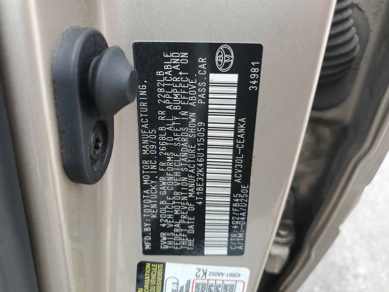 2006 Toyota Camry VIN 4T1BE32K46U115059 Copart auction photo, rear end damage thumbnail 12