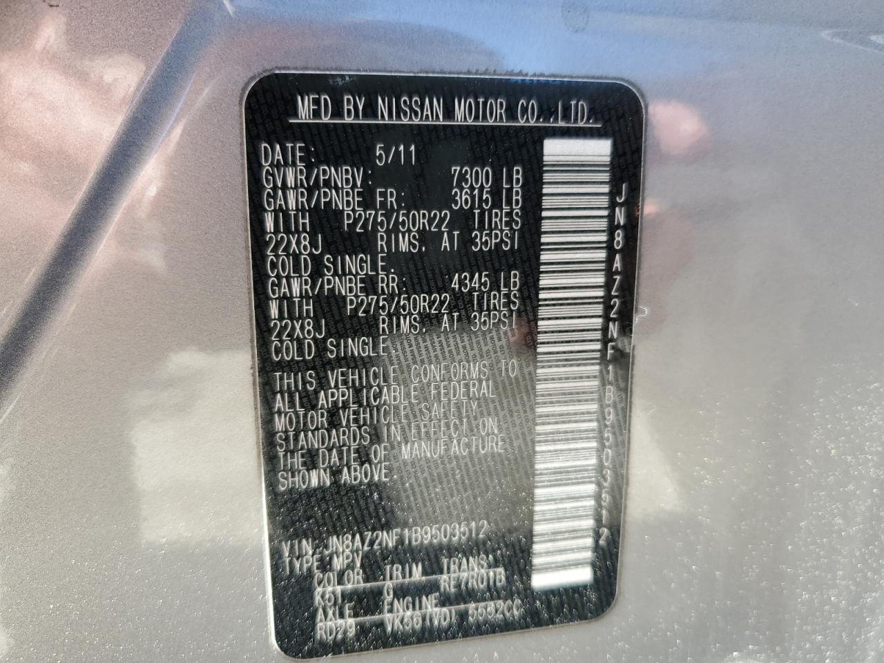 2011 Infiniti QX56 VIN JN8AZ2NF1B9503512 Copart auction photo, front end damage thumbnail 15