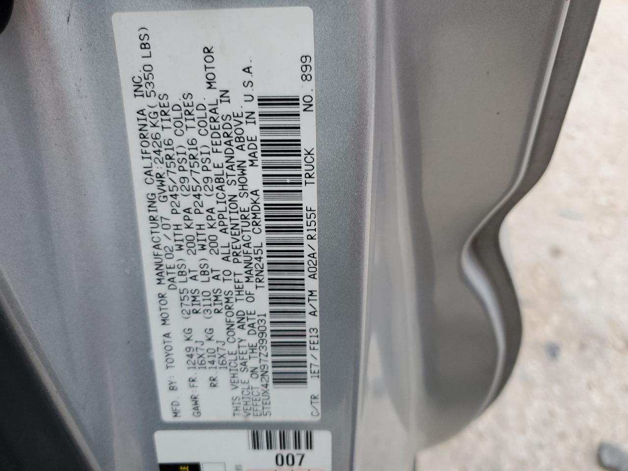 2007 Toyota Tacoma VIN 5TEUX42N97Z399031 Copart auction photo, minor dent/scratches damage thumbnail 12