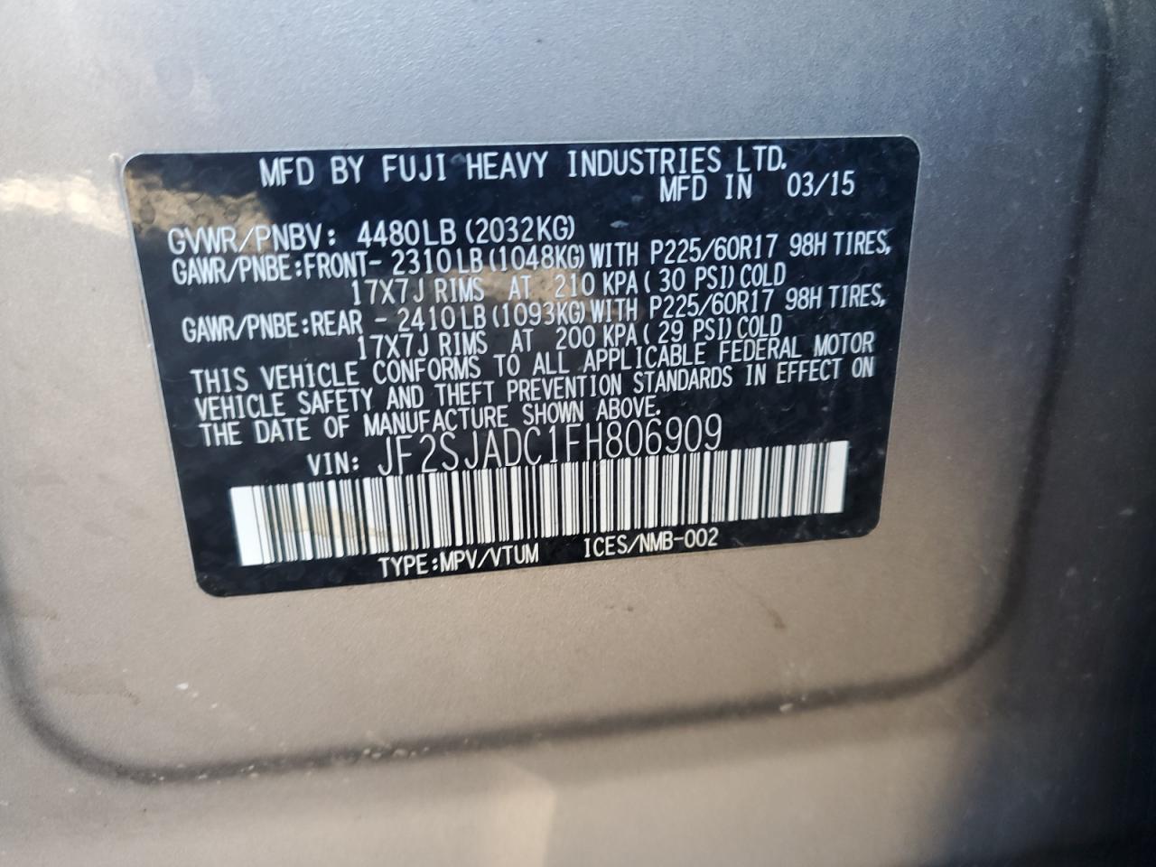 2015 Subaru Forester VIN JF2SJADC1FH806909 Copart auction photo, front end damage thumbnail 12