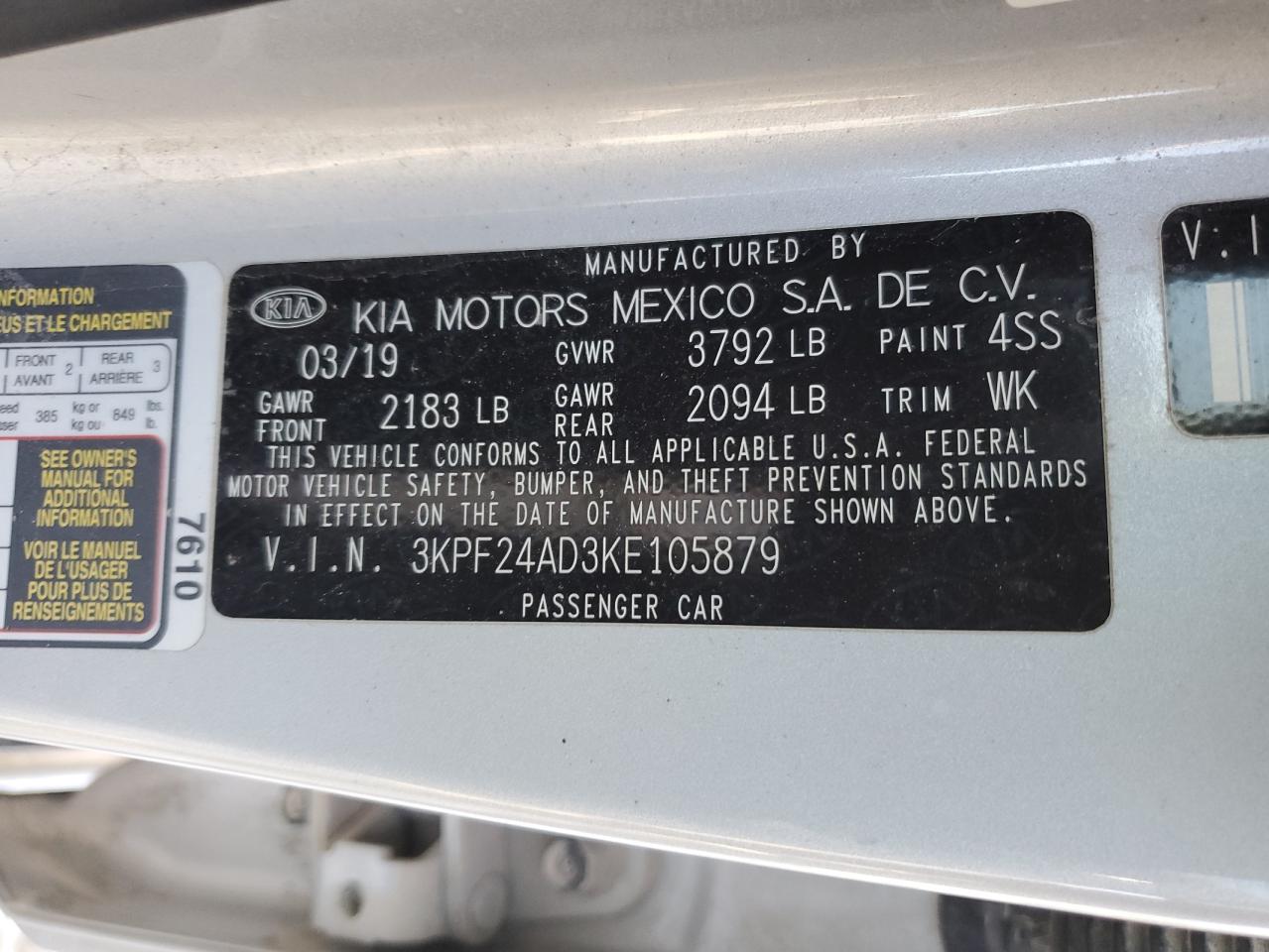 2019 KIA Forte VIN 3KPF24AD3KE105879 Copart auction photo, front end damage thumbnail 13