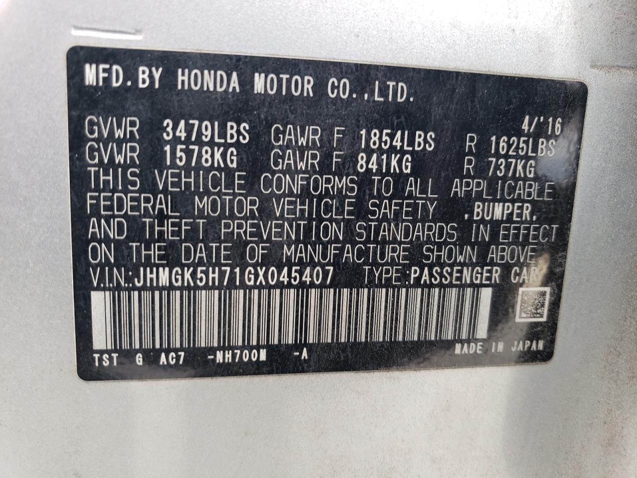 2016 Honda Fit VIN JHMGK5H71GX045407 Copart auction photo, side / front end damage thumbnail 13