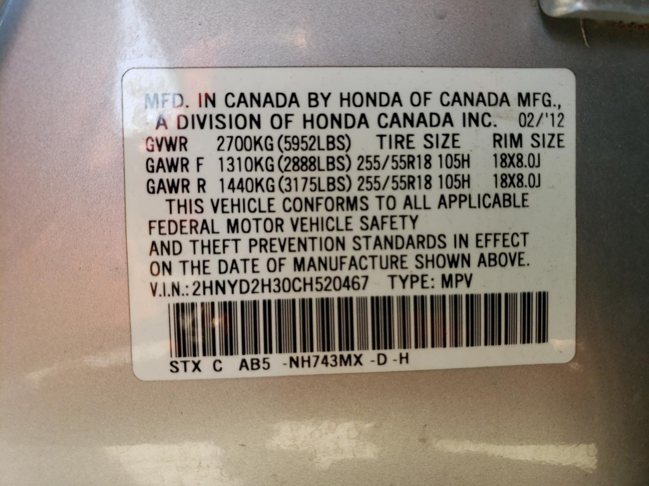 2012 Acura MDX VIN 2HNYD2H30CH520467 Copart auction photo, front end / side damage thumbnail 13