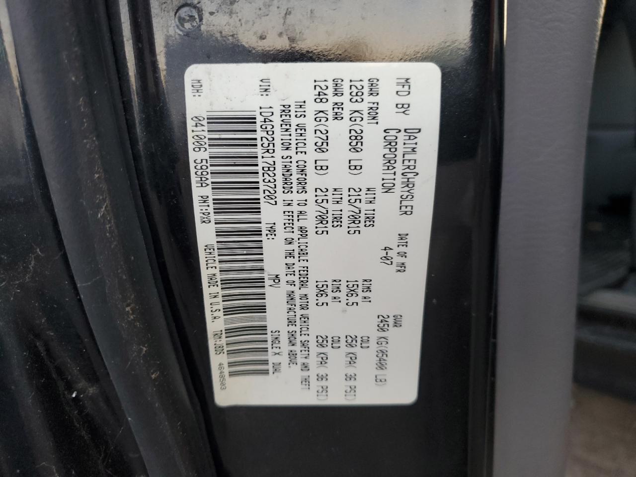 2007 Dodge Caravan VIN 1D4GP25R17B237207 Copart auction photo, rear end / minor dent/scratches damage thumbnail 13