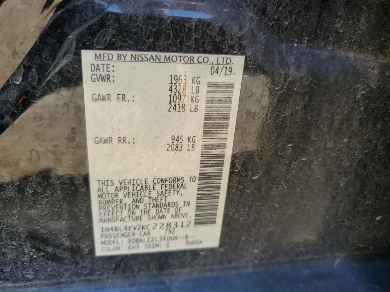 2019 Nissan Altima VIN 1N4BL4EV2KC228312 Copart auction photo, front end / side damage thumbnail 14
