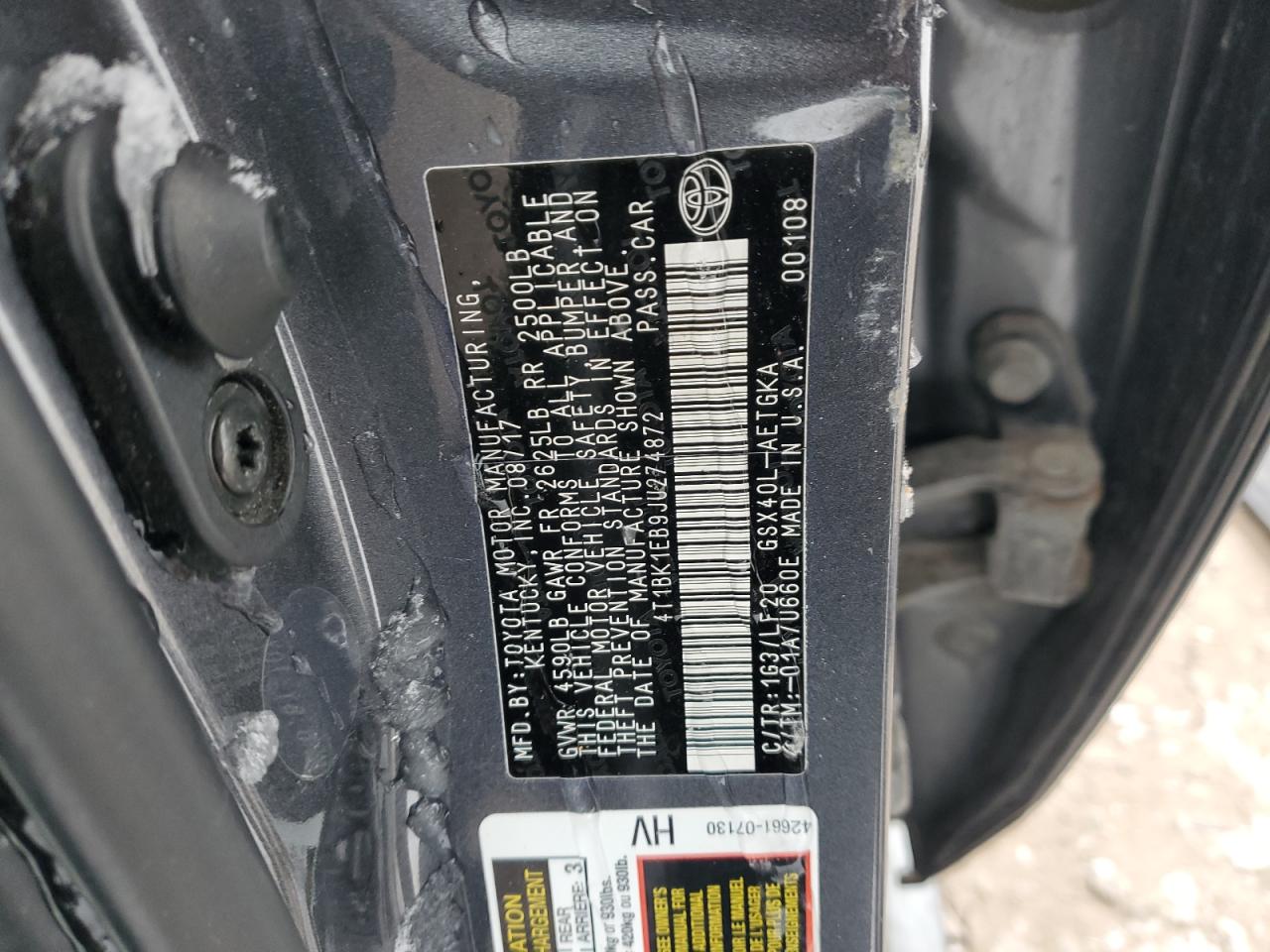 2018 Toyota Avalon VIN 4T1BK1EB9JU274872 Copart auction photo, all over damage thumbnail 12