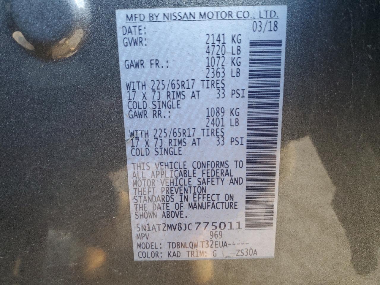 2018 Nissan Rogue VIN 5N1AT2MV8JC775011 Copart auction photo, rear end / undercarriage damage thumbnail 14
