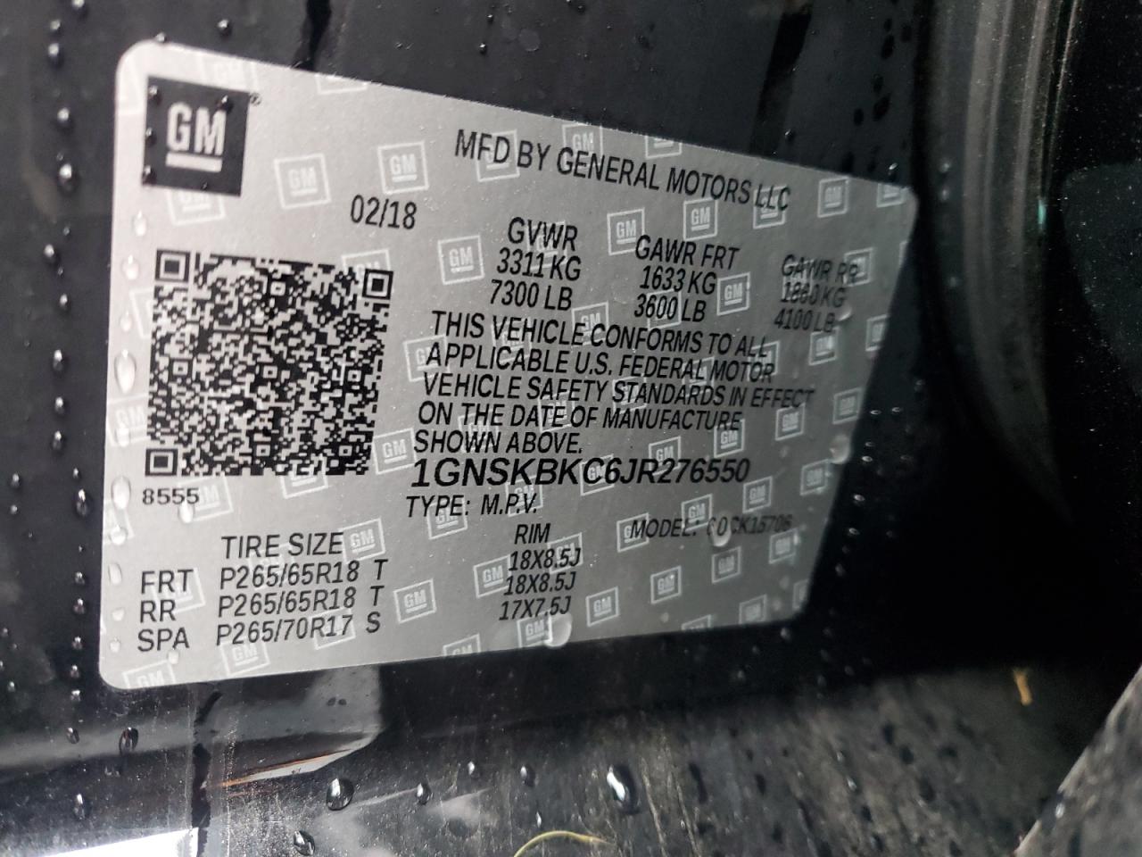 2018 Chevrolet Tahoe VIN 1GNSKBKC6JR276550 Copart auction photo, front end / side damage thumbnail 13