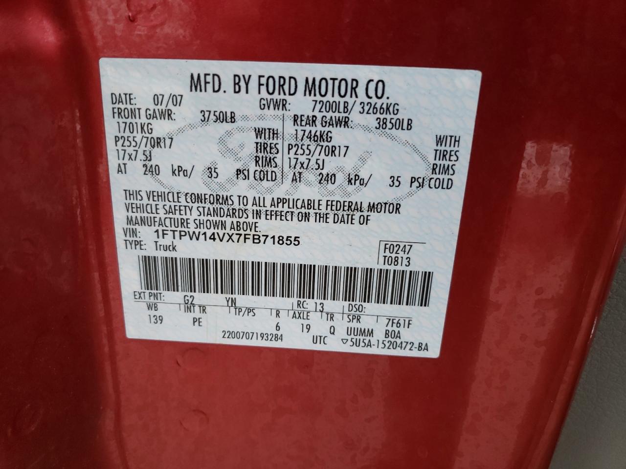 2007 Ford F-150 VIN 1FTPW14VX7FB71855 Copart auction photo, front end damage thumbnail 13
