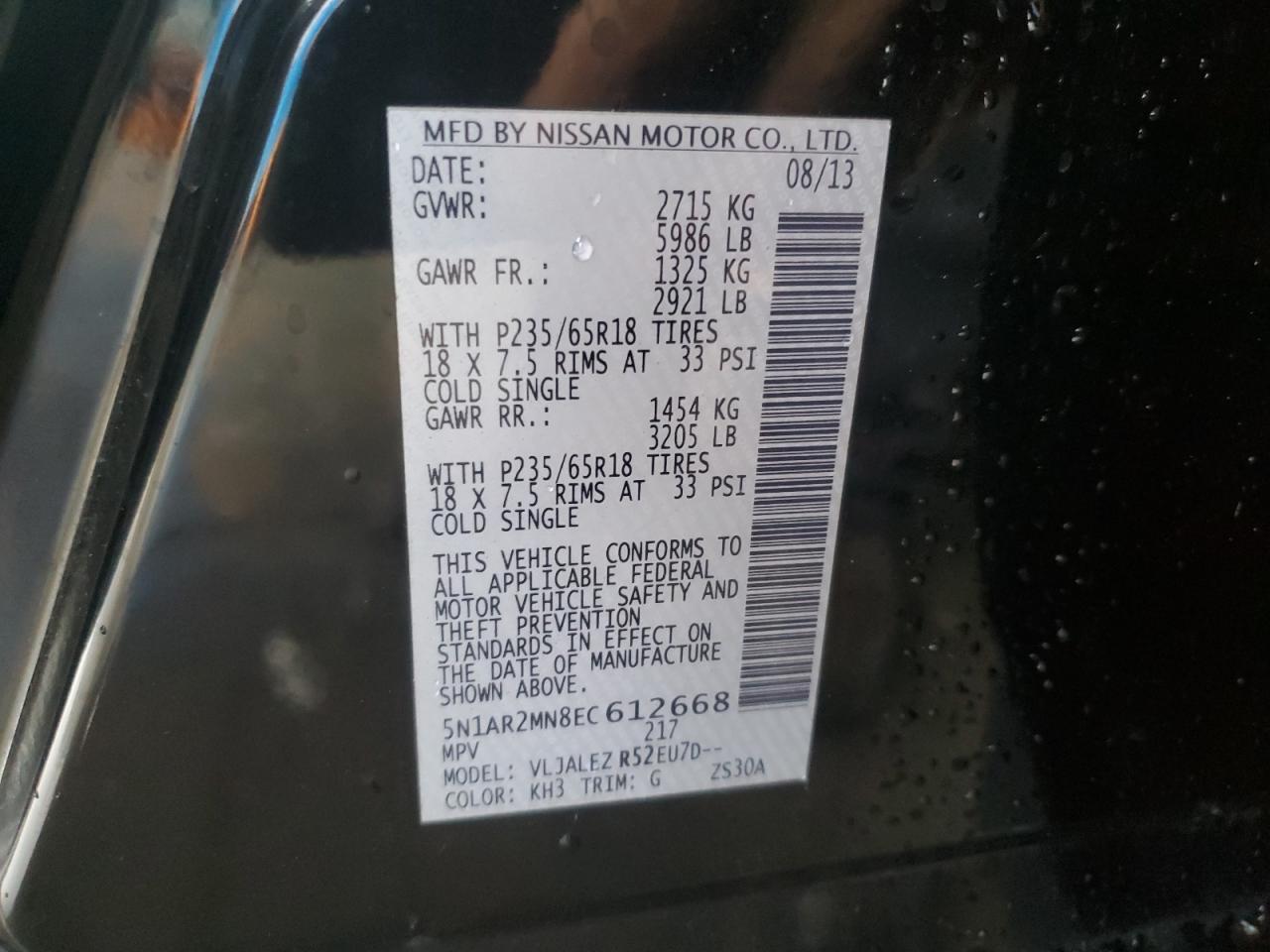2014 Nissan Pathfinder VIN 5N1AR2MN8EC612668 Copart auction photo, rear end damage thumbnail 14