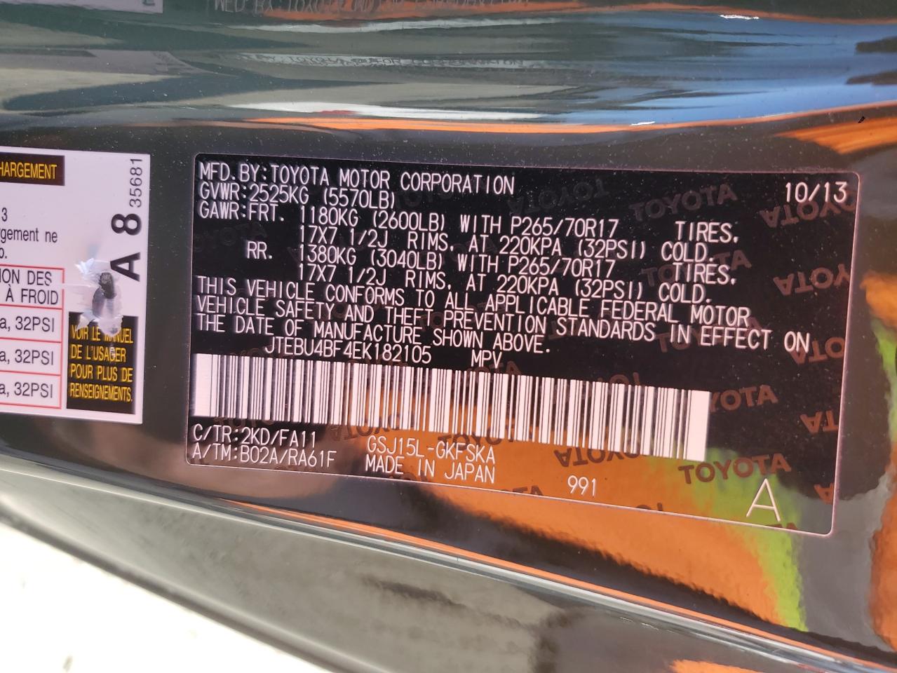 2014 Toyota FJ Cruiser VIN JTEBU4BF4EK182105 Copart auction photo, front end damage thumbnail 13