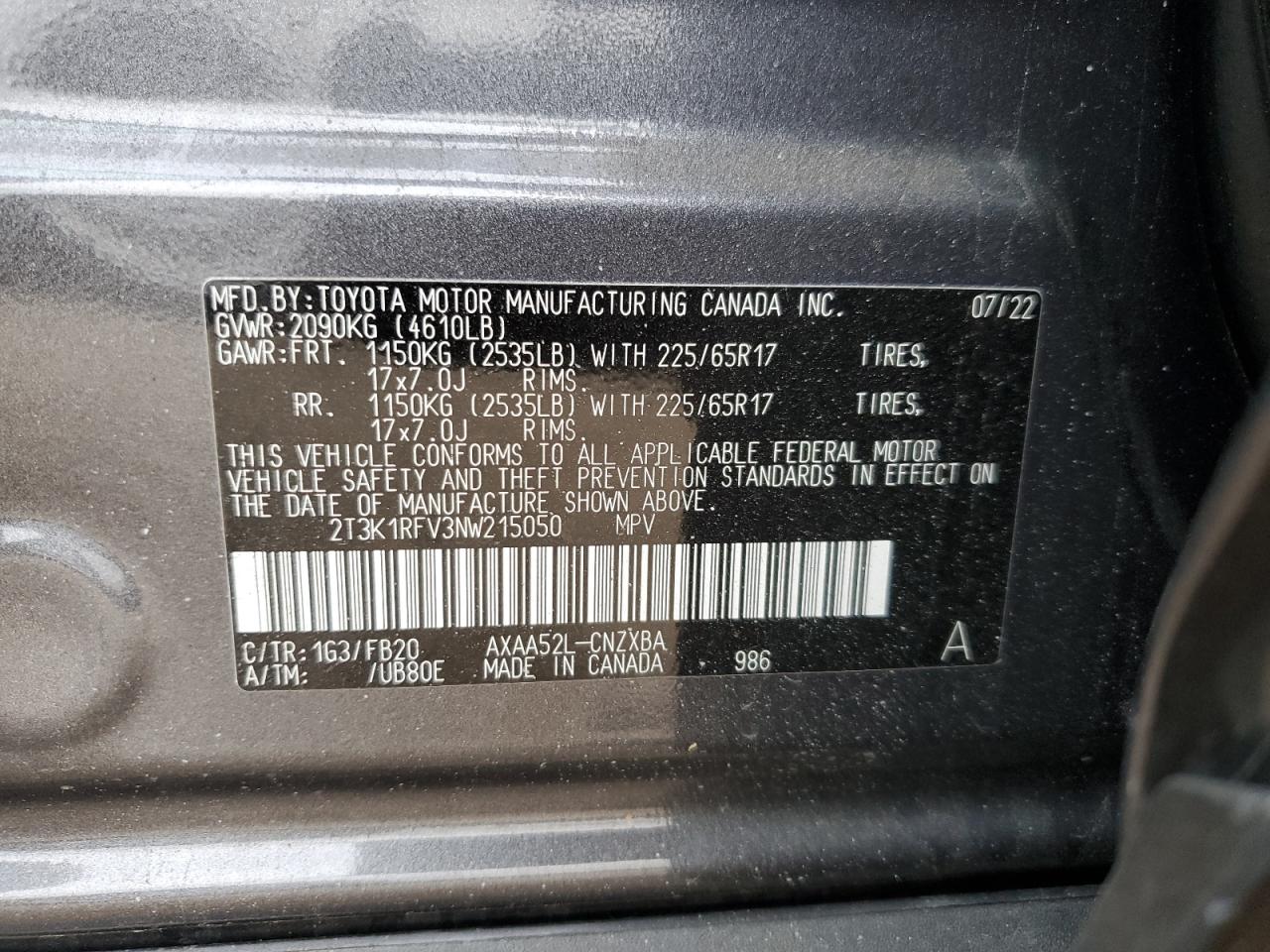 2022 Toyota RAV 4 VIN 2T3K1RFV3NW215050 Copart auction photo, front end / side damage thumbnail 15