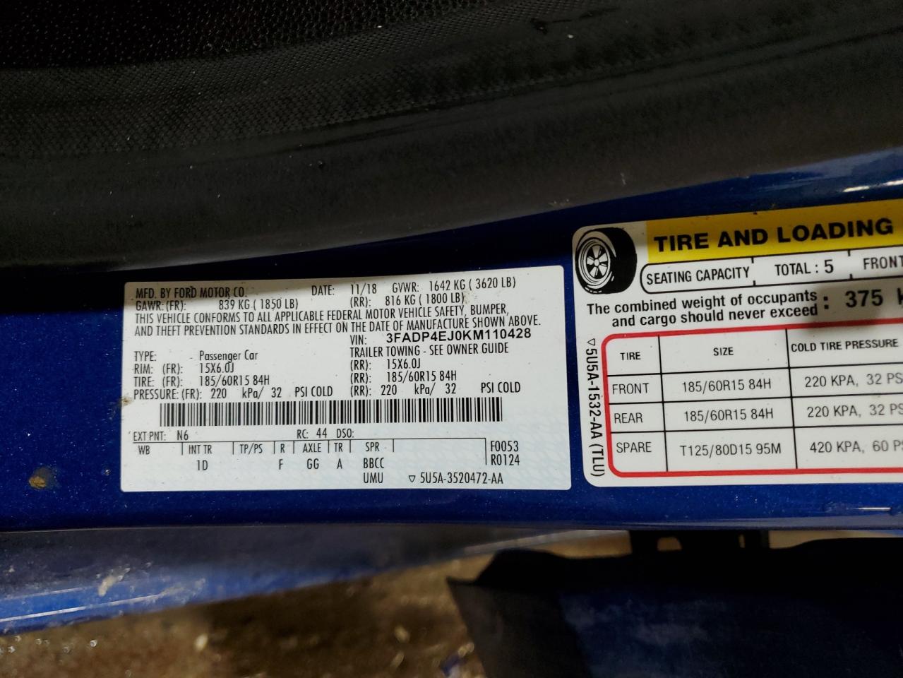 2019 Ford Fiesta VIN 3FADP4EJ0KM110428 Copart auction photo, front end damage thumbnail 15